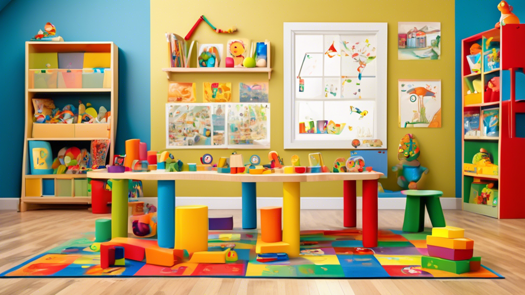 Create an image of a colorful and engaging playroom filled with educational toys and tools specifically designed to aid in the early language development of young children. Include items such as alphabet blocks, picture books, flashcards, and interac