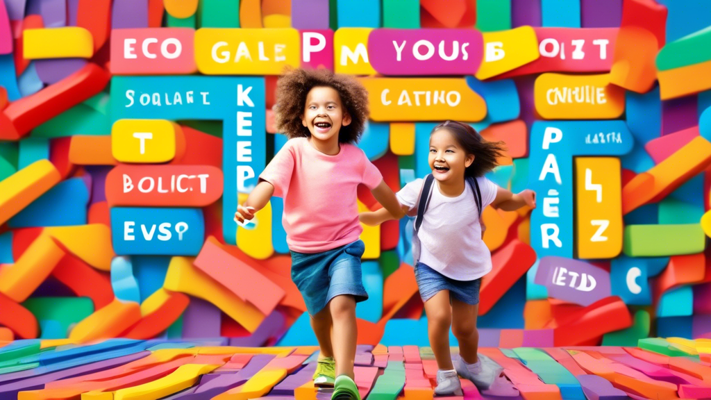 Two children are walking on a path made of colorful letters and words, smiling and laughing as they learn to read.