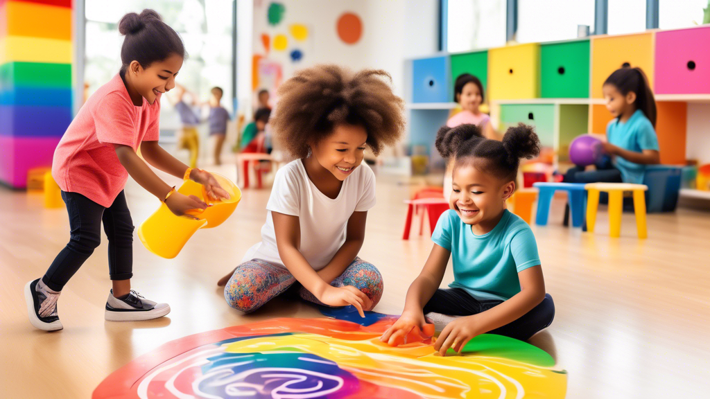 A colorful and engaging classroom where students are using sensory activities to learn about social-emotional skills. The image should include students of various ages and abilities, and should convey