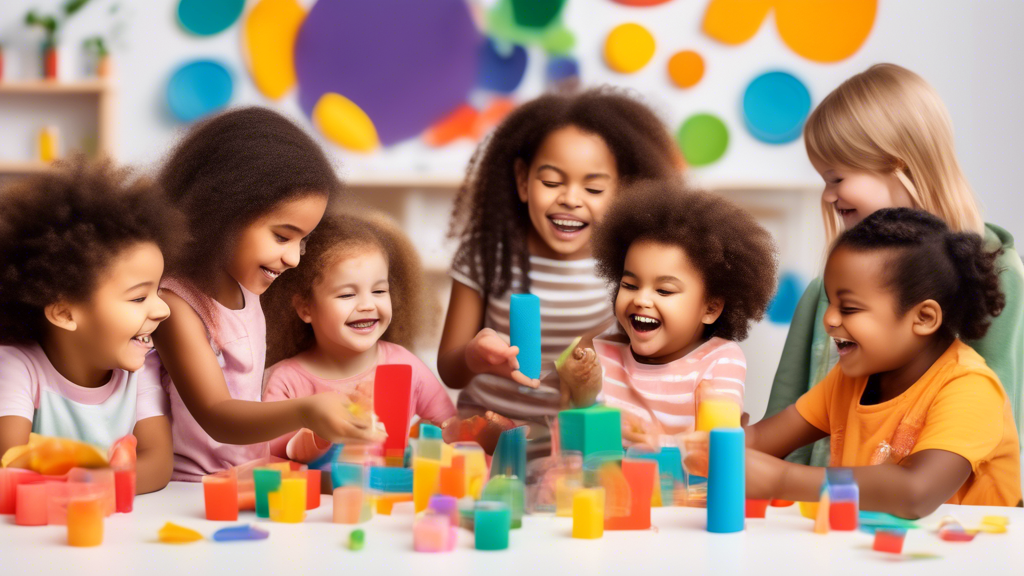 Create an image of a diverse group of children engaged in various sensory play activities, such as touching different textures, exploring colors and shapes, and experimenting with different materials. Show the children smiling and laughing, fully imm