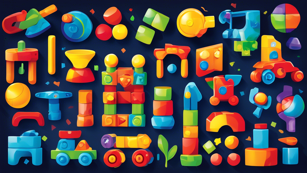 Create an image of a colorful and engaging playset featuring various hands-on STEM toys designed for toddlers, such as building blocks, shape sorters, and puzzles. The toys should be vibrant and educational, encouraging young children to develop skil