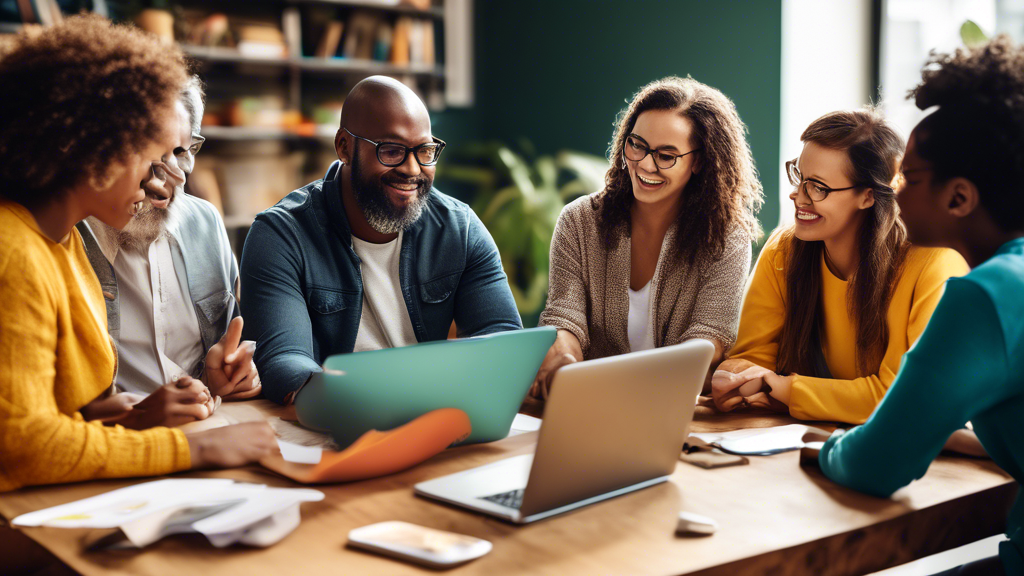 A diverse group of parents and teachers sitting around a table, collaborating and brainstorming on a project using interactive digital tools. The image should convey a sense of partnership, openness, 