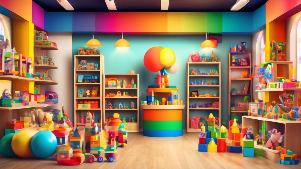 Create an image of a colorful, interactive toy store display with a variety of educational toys for kids. There should be a diverse range of items such as building blocks, puzzles, STEM kits, and art supplies. The display should be inviting and spark