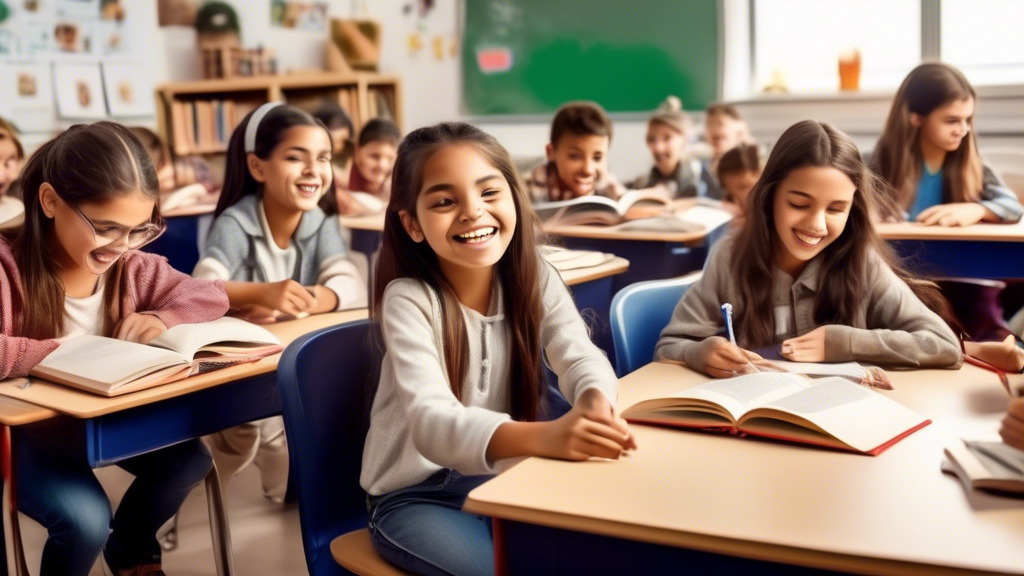 A classroom of young students engaged in various activities to improve their English skills, including reading, writing, listening, and speaking. The students are using books, computers, and other res