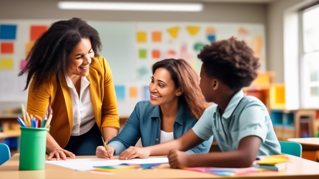 Two parents collaborate with a teacher in a classroom setting, empowering parents to foster cognitive growth through school collaboration. The scene should depict a sense of partnership, shared purpos