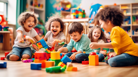 A photo of children playing together in a classroom, with toys and blocks scattered around the floor. The children are all smiling and laughing, and the classroom is bright and colorful. The overall t