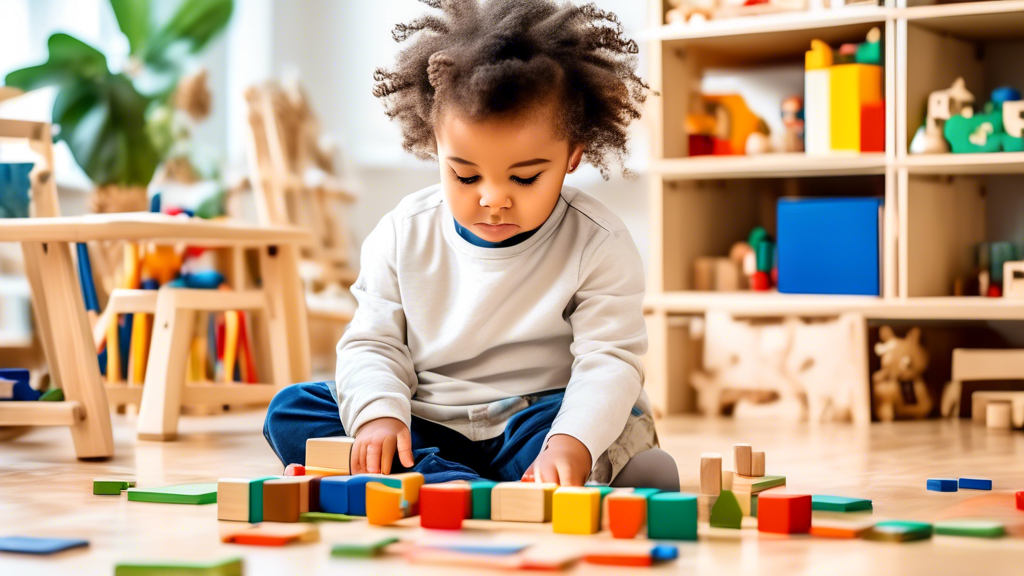 A photograph of a young toddler engrossed in a Montessori-inspired activity, surrounded by natural materials like blocks, puzzles, and wooden toys, in a bright and inviting classroom setting.