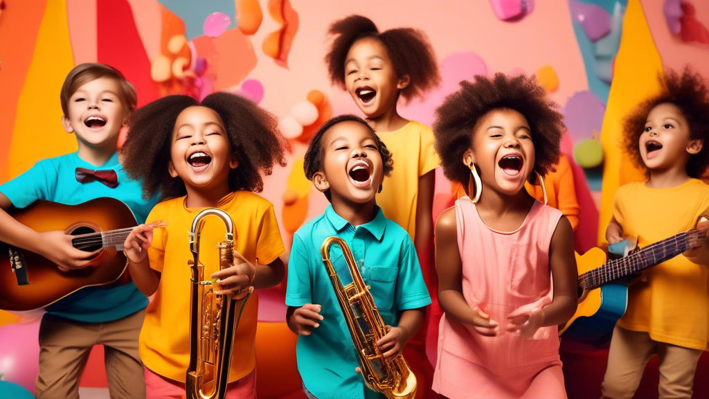 A group of young children singing and playing instruments in a colorful and playful environment, creating a joyful and immersive musical experience that fosters their cognitive development and learnin