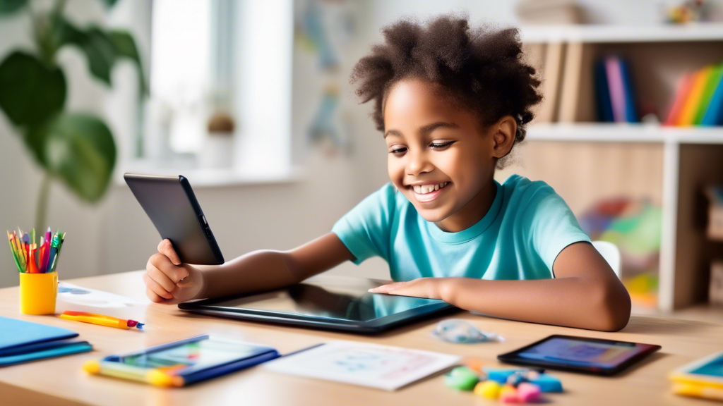 A child sitting at a desk with a tablet in front of them, surrounded by educational apps and resources. The child is smiling and engaged in learning. The tablet screen shows a variety of educational c