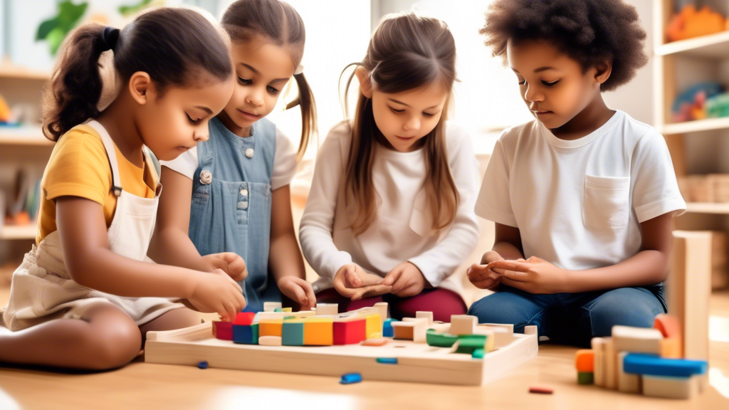 Create an image depicting a diverse group of young children engaged in various hands-on activities, such as sorting objects, working on puzzles, and interacting with educational materials, all in a peaceful and organized Montessori classroom setting.