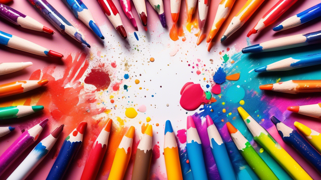 A colorful explosion of art supplies, including paint, crayons, markers, and glitter, arranged in a playful and inspiring way that encourages creativity and cognitive development