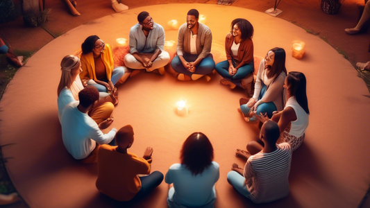 A group of people sitting in a circle, holding hands and telling stories to each other. The image is emanating a warm and inviting glow, and the people are all smiling and engaged.