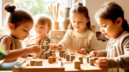 A group of children engaged in hands-on activities, such as building blocks or working with clay, in a Montessori or Waldorf-inspired learning environment. The room is bright and airy, with natural ma