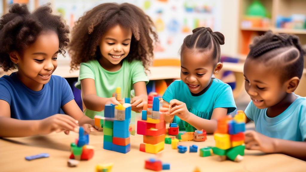 Create an image of a diverse group of young children engaged in hands-on STEM activities such as building with blocks, creating simple machines, and exploring scientific experiments in a bright and inviting classroom setting. Show the children's face