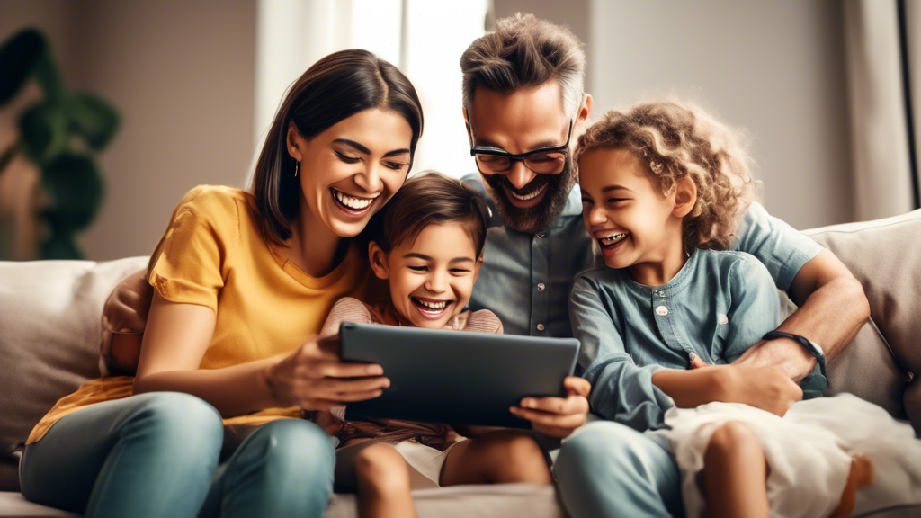 A family sitting on a couch, smiling and talking. The parents are holding a tablet and the children are laughing.