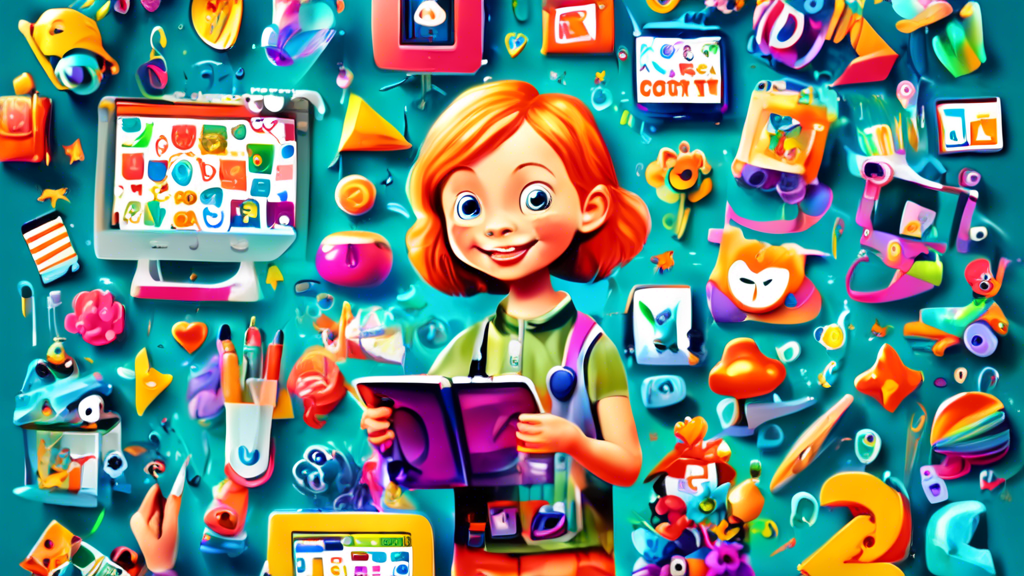 A colorful and playful montage featuring educational apps for young children, including animated characters, interactive games, and learning tools, presented in a visually engaging and stimulating way