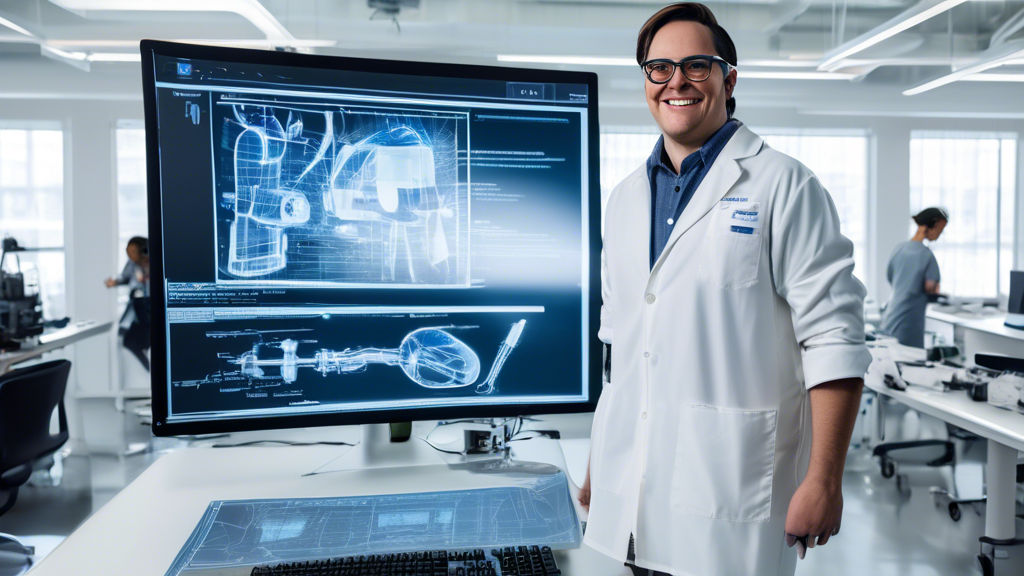 A person standing in front of a large, high-tech computer screen with a blueprint for a new invention. The person is wearing a lab coat and safety glasses. The invention is a new type of prosthetic le