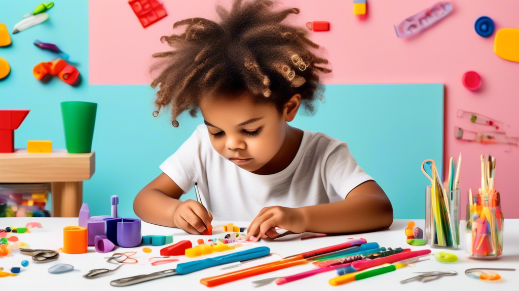 A child sitting at a table engrossed in a hands-on fine motor skill activity, surrounded by colorful materials and tools that promote hand-eye coordination and dexterity