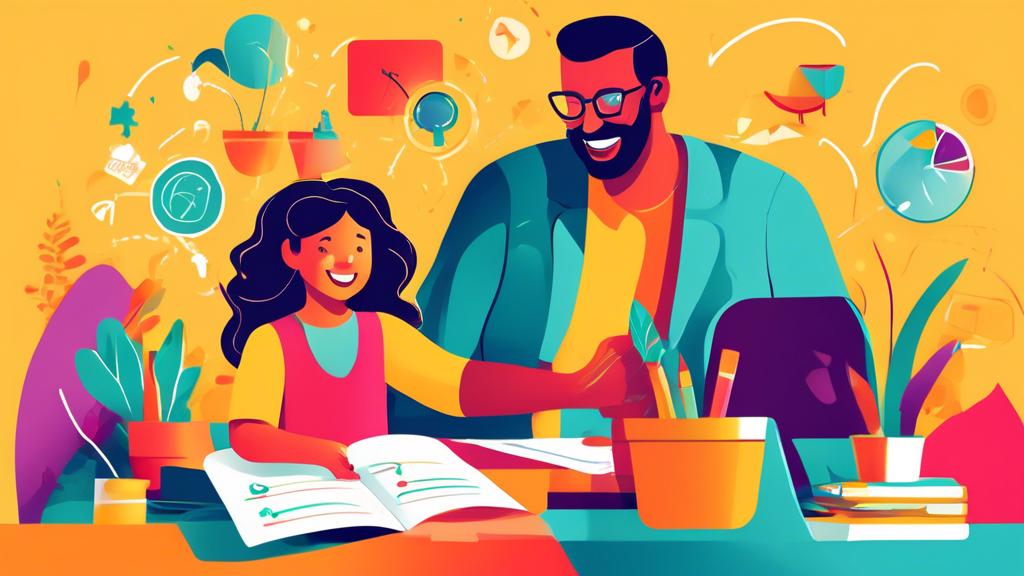 A colorful and vibrant illustration of a parent and a teacher working together to help a child learn and grow. The image should convey the positive and collaborative relationship between parents and t
