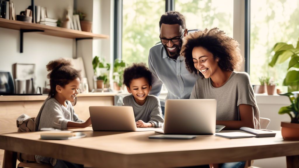 A family of four sitting at a large desk in their home, each person using a different laptop or tablet. The parents are smiling and helping their children with their online learning. In the background