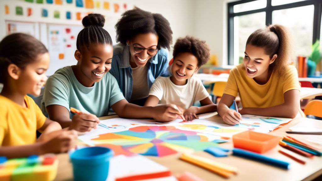 A group of parents, teachers, and students engaged in a collaborative learning activity in a brightly lit classroom, symbolizing the importance of parent involvement for educational success, with a fo