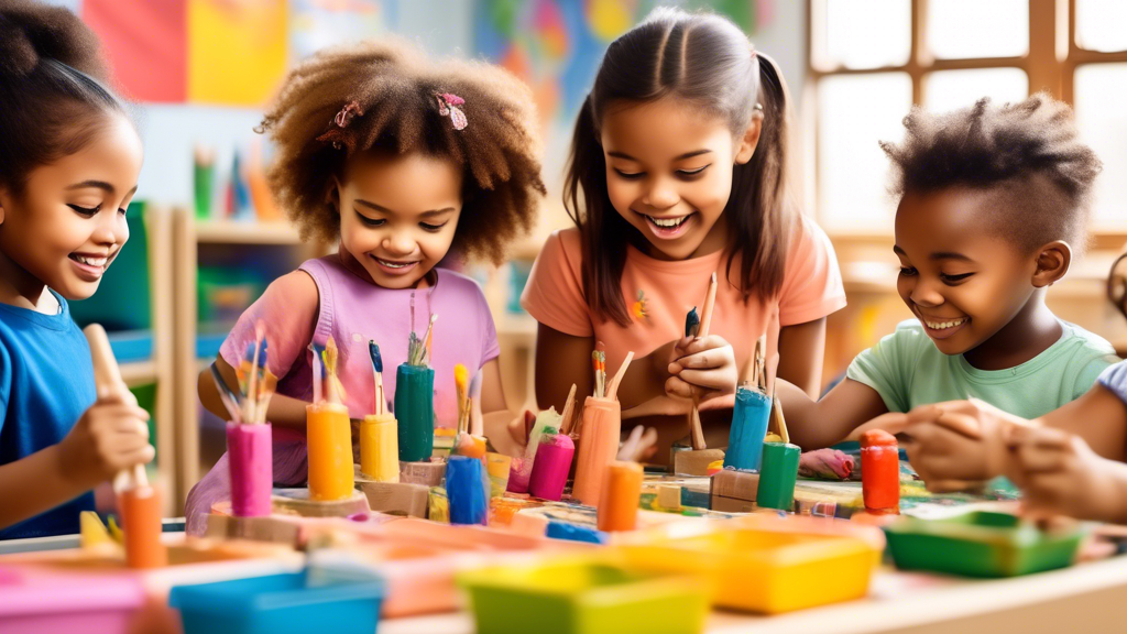 Create an image of a diverse group of kindergarteners happily engaged in hands-on learning activities, such as painting, building with blocks, and exploring nature in a colorful and stimulating classroom environment. Each child should be smiling and 