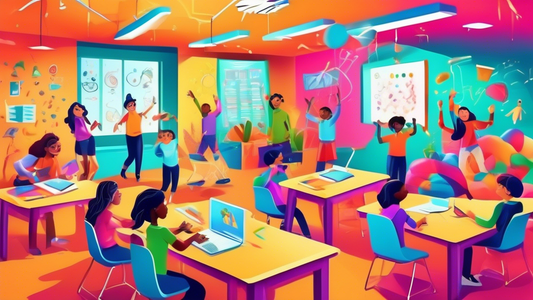 A vibrant and dynamic classroom scene where students are engaged in various multisensory activities to learn English. The image should convey a sense of fun, creativity, and collaboration while highli