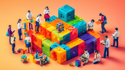 A group of students collaborate on building a complex structure out of colorful, interlocking blocks, representing the STEM fields of science, technology, engineering, and mathematics.