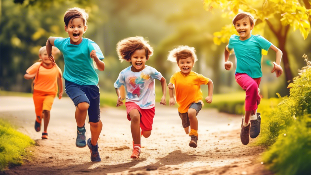 Generate an image of children engaging in various outdoor activities like running, jumping, cycling, and playing ball games, showcasing the development of their gross motor skills.