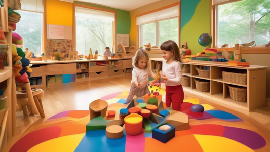A vibrant, colorful, and imaginative scene depicting the contrasting philosophies of Montessori and Waldorf education in relation to play. On one side, children engage in structured, hands-on activiti