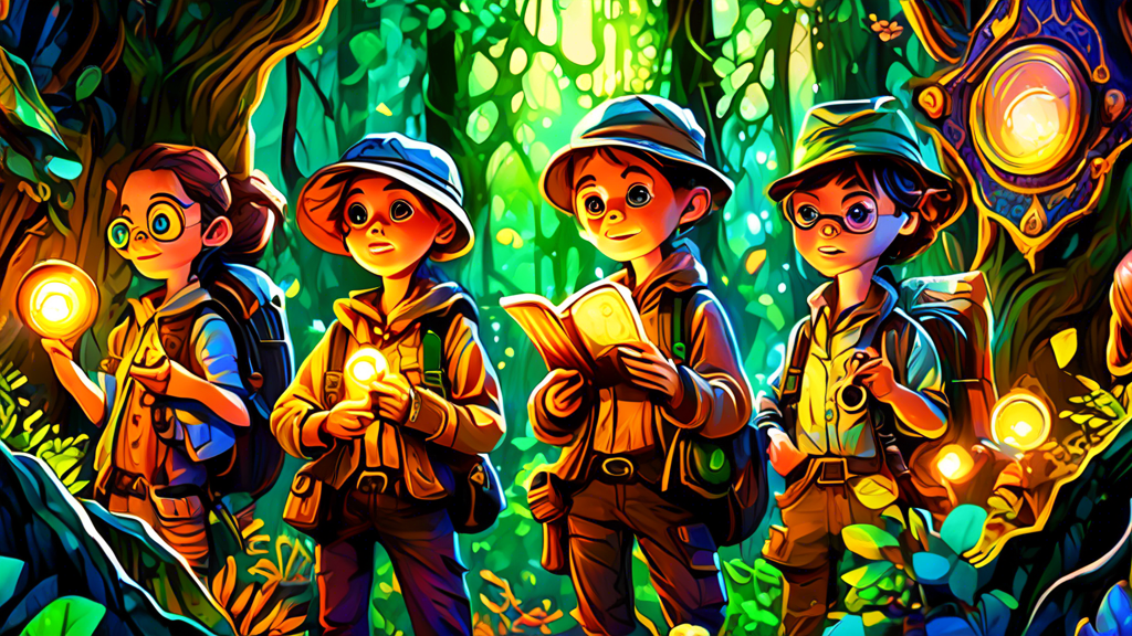 A group of young explorers, wide-eyed with wonder, embark on an expedition into an enchanted forest teeming with hidden treasures. They carry magnifying glasses, compasses, and journals, ready to docu