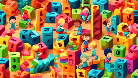 A cartoon of children playing with colorful math blocks and toys, engaging in playful learning and exploration of mathematical concepts.
