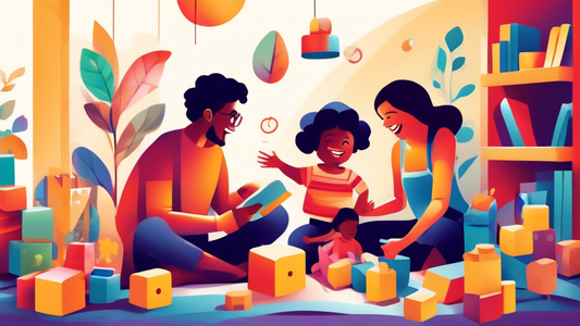 A vibrant and warm illustration depicting parents actively engaged with their children in various play-based learning activities, such as building blocks, imaginative role play, and reading together. 