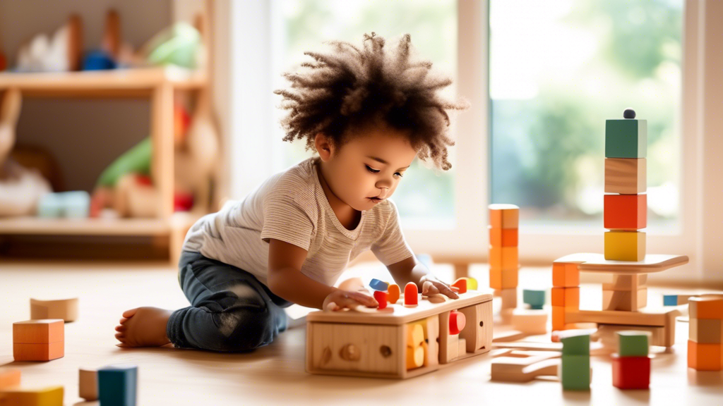 An image of a child playing with Montessori toys in a playful and educational setting, surrounded by natural light and a warm and inviting atmosphere. The toys should be made of sustainable materials 