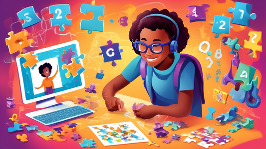 Depict a vibrant and engaging virtual environment where students interact with interactive tools that foster a growth mindset. Show students exploring puzzles, playing games, and collaborating on proj