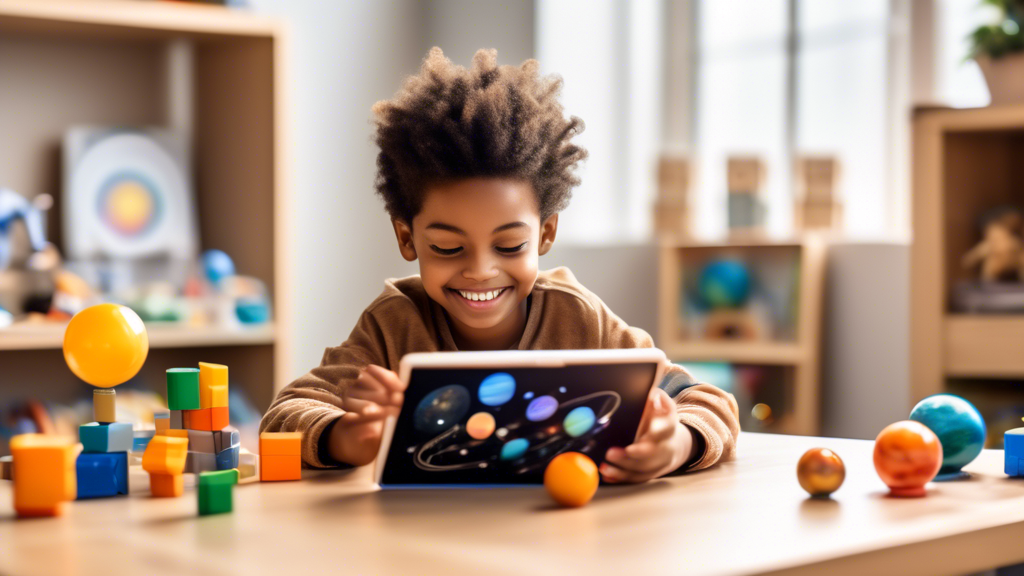 A child sitting at a table, surrounded by building blocks and other STEM learning materials. The child is looking at a tablet, which is displaying a simulation of the solar system. The child is smilin