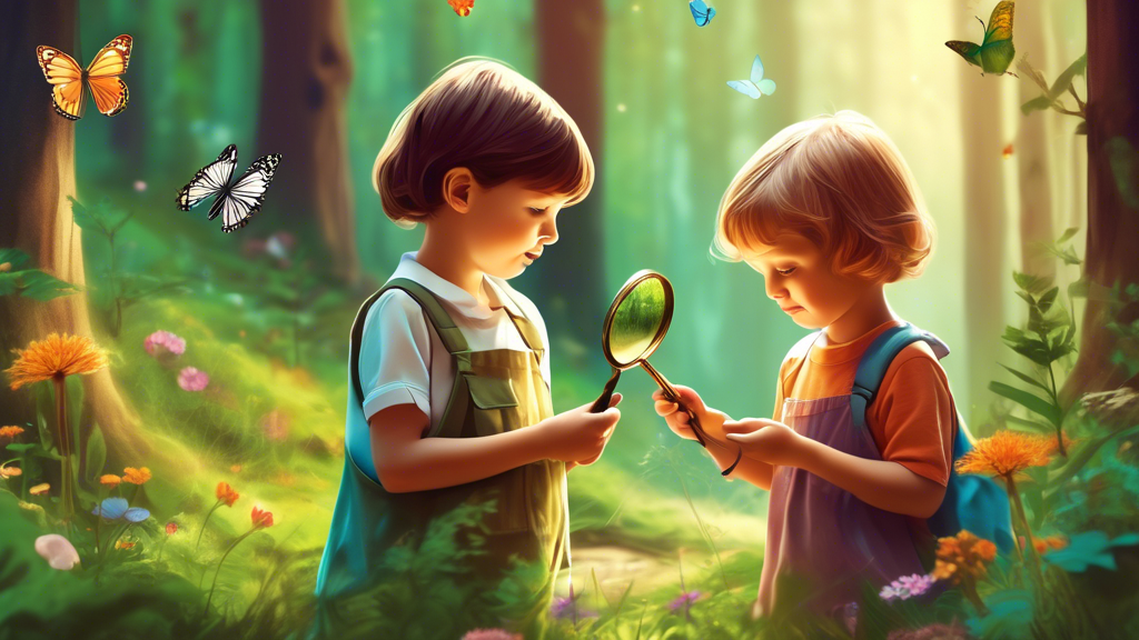 Two children, one holding a magnifying glass and the other a small butterfly, exploring a lush forest with tall trees, wildflowers, and a babbling brook, in the style of Montessori and Waldorf schools