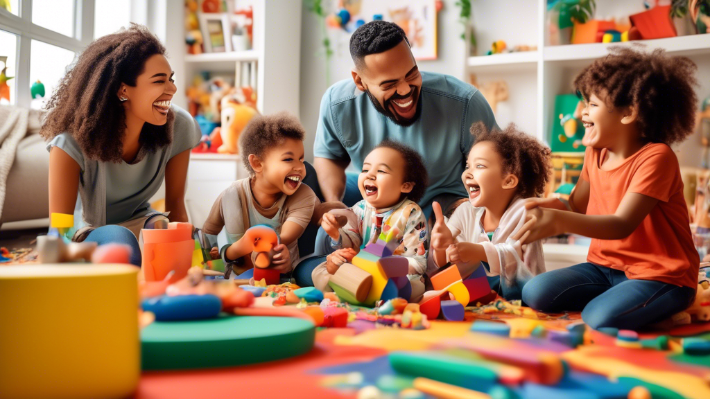 A group of parents and children laughing and interacting with a variety of educational and play materials in a colorful and stimulating playroom. The parents are actively engaged with their children, 
