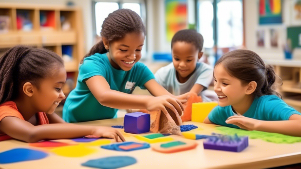 A vibrant and dynamic image that embodies the concept of Kinesthetic Learning: Hands-On Activities for Tactile Students. Depict a classroom setting where students actively engage in hands-on activitie