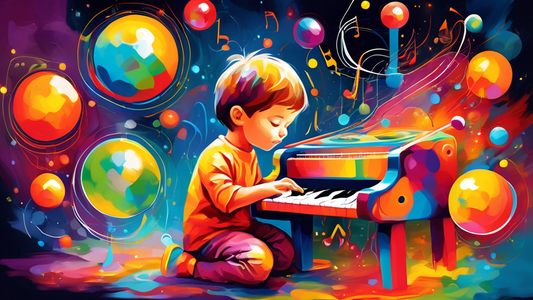 A painting of a colorful and abstract musical instrument being played by a child, surrounded by glowing orbs representing sensory stimuli