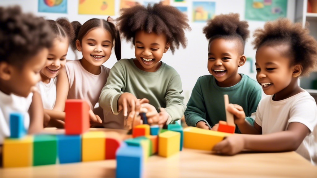 Create an image of a diverse group of young children playing together in a classroom setting, engaging in activities that encourage teamwork, communication, and collaboration. The children should be smiling and interacting positively with each other,