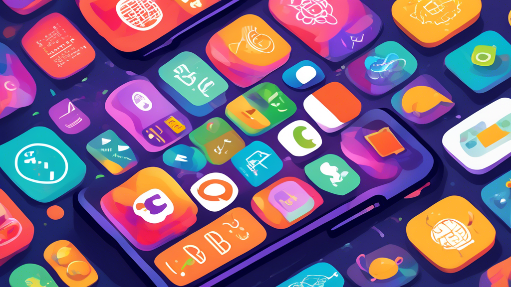 A vibrant illustration of a smartphone screen displaying various language learning apps, surrounded by speech bubbles representing different languages and cultures. The apps are depicted with user-fri