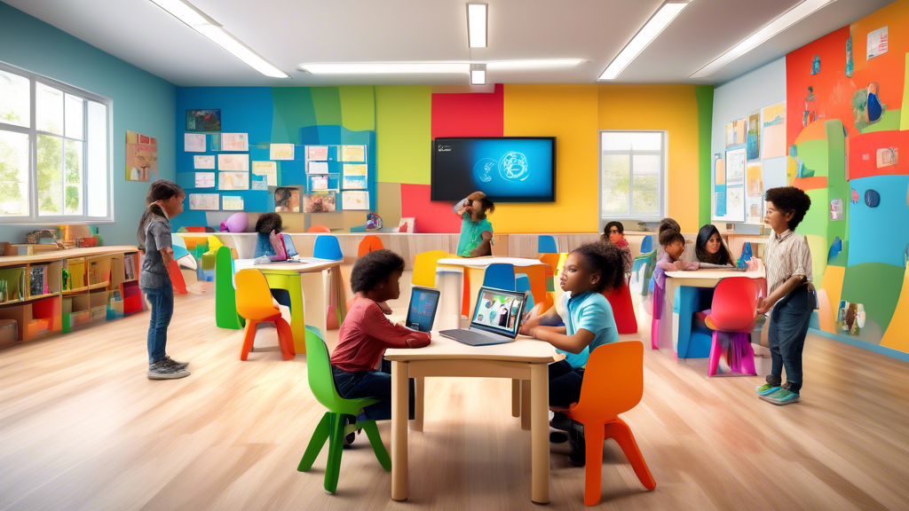 A vibrant and dynamic classroom setting in a modern home environment, featuring a diverse group of children engaged in interactive learning activities using educational software. The software interfac