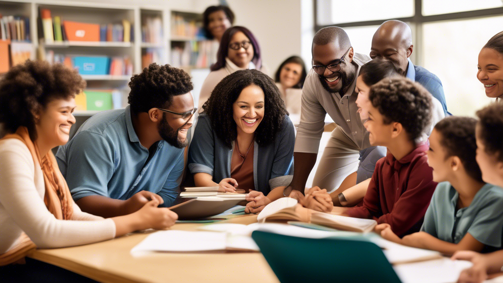 An image of a diverse group of parents and teachers sitting together at a large table in a classroom, smiling and talking with each other. They are surrounded by books, computers, and other educationa