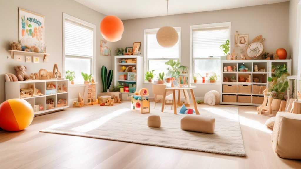 A photograph of a cozy playroom designed for young children. The room is filled with natural light and has a neutral color palette with pops of bright colors. There are a variety of toys and activitie
