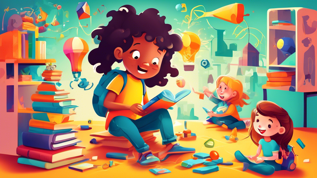 Create an imaginative and vibrant digital art representation of a playful learning experience. Depict children or students engaged in a game-like or exploratory activity that unlocks their cognitive p