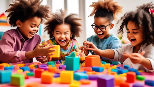 A diverse group of children and adults playing a variety of sensory games in a colorful and playful setting, showcasing the joy and inclusivity of sensory play for all.