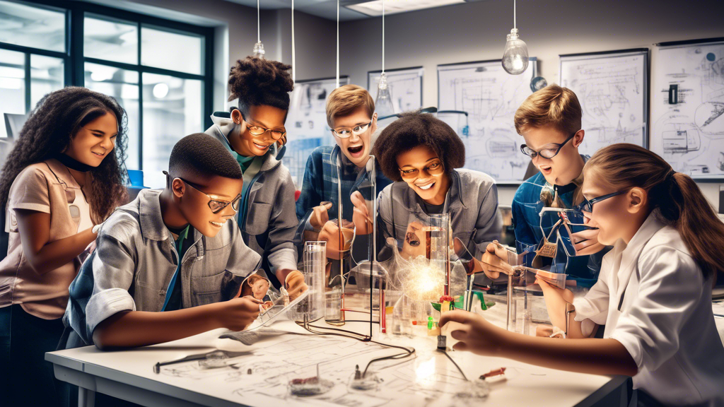 A group of students excitedly working on a science experiment in a well-equipped laboratory, surrounded by posters and diagrams illustrating STEM concepts. The overall atmosphere is one of collaborati