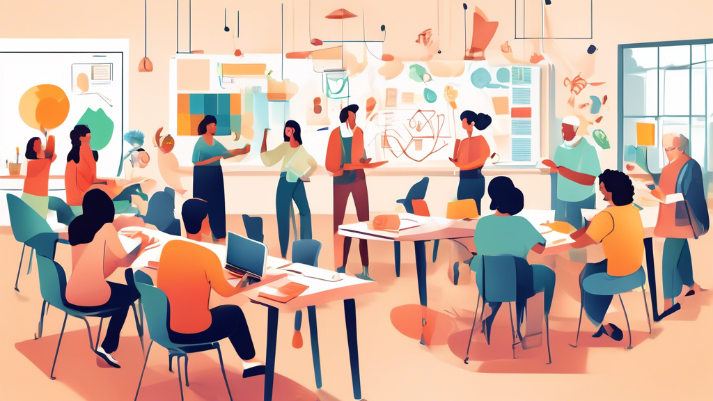 An inspiring and engaging classroom setting where adult learners are actively involved in diverse activities that foster knowledge acquisition and motivation. Depict a wide range of activities, such a