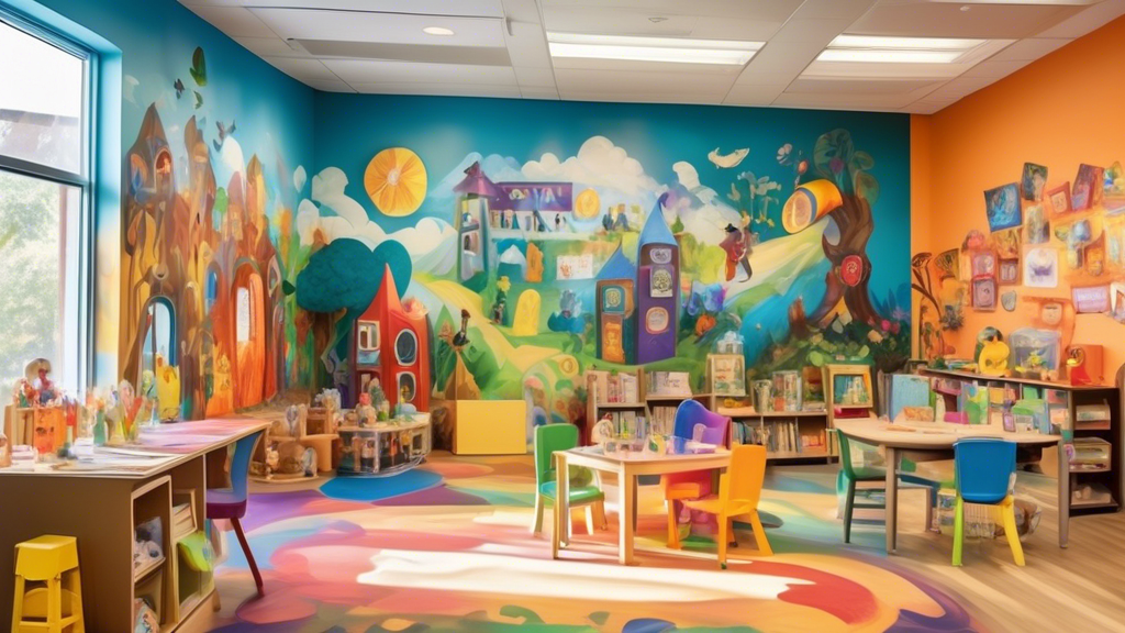 A vibrant, dreamlike classroom where children are engaged in imaginative play, exploring their curiosity through painting, building, and storytelling. The room is filled with colorful murals and sculp